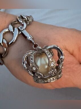 Juicy Couture Crown Charm Pearl Rhinestone Silver Tone Y2K Rare